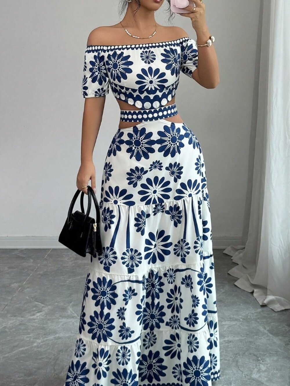 Blue Boho Women's Floral Print Off-Shoulder short Sleeve Hollow Waist Dress - Picture 5 of 7